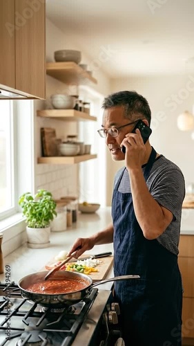 A man wearing an apron is talking on his phone while cooking in a modern kitchen, stirring a sauce in a pan on the stove.