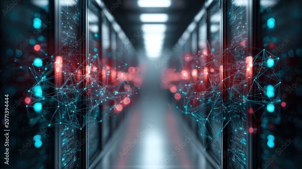 Fototapeta premium Abstract network connections overlaying a futuristic server room with glowing lights