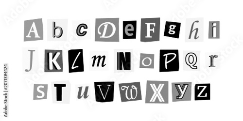 Vector halftone ransom letter anonymous alphabet with cutout letter collage on white background. Retro halftone collage typography criminal font design for vintage headline and title.