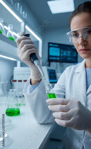 Female Scientist Conducting Research in a Laboratory, Pipetting Green Liquid into a Test Tube