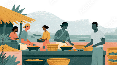 Explore the Vibrant Culinary Scene: A Colorful Depiction of Local Food Vendors Engaged in Cooking at a Lively Market on a Beautiful Outdoor Setting