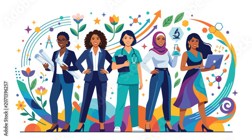Empowered women representing different professions and ethnicities stand confidently, celebrating their diverse.