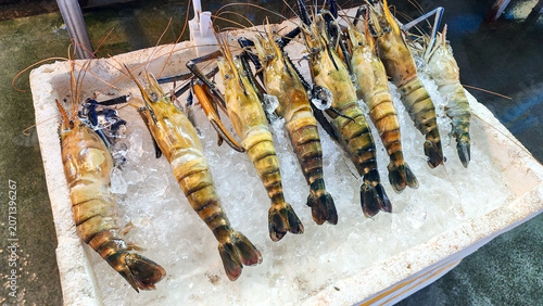 Slika na platnu Fresh giant river prawns displayed on crushed ice at Ang Sila seafood market, Chonburi, Thailand