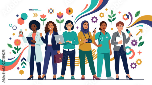 Professional women from diverse backgrounds are depicted in various career roles, symbolizing opportunities.