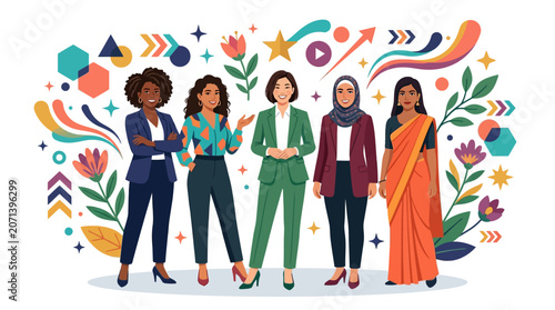 Diverse group of professional women from various ethnicities stands together, illustrating female empowerment.