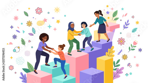 Women help each other climb a colorful staircase illustration, symbolizing mutual support and empowerment on the.