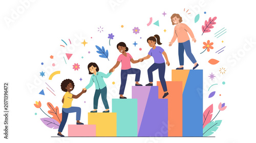 Group of diverse women help each other ascend a rising bar chart, representing collective triumph and support.