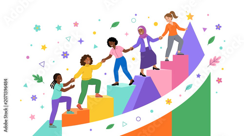 Diverse female team members cooperatively climb an ascending graph, symbolizing collective progress and shared.