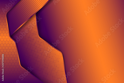 Abstract Tech Graphic Banner Design Vector Corporate Background. Orange purple modern gradient web banner background. horizontal layout illustration. halftone dot circle and hexagon pattern template.