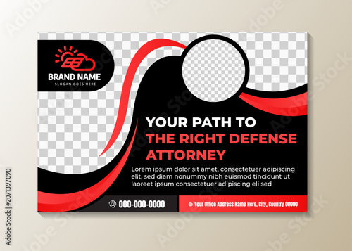 your path to the right defense attorney social media layout ads. horizontal banner template with space for photo collage. red gradient element isolated on black background.