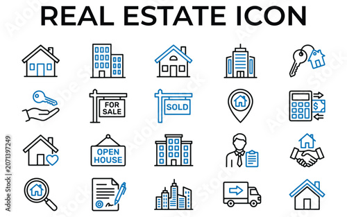 Obraz na plátně Collection of real estate icons including houses, buildings, and property symbol