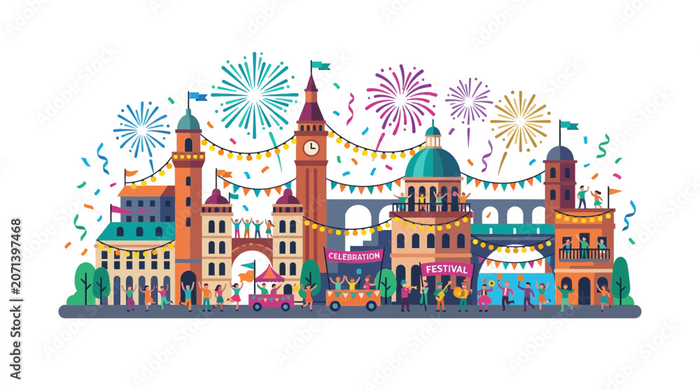 Fototapeta premium Colorful City Festival Celebration with People and Fireworks Vector Illustration