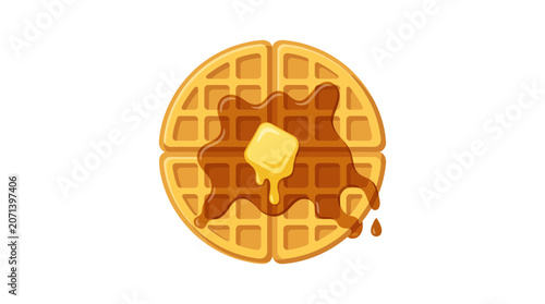Delicious round belgian waffle with maple syrup and melting butter vector illustration