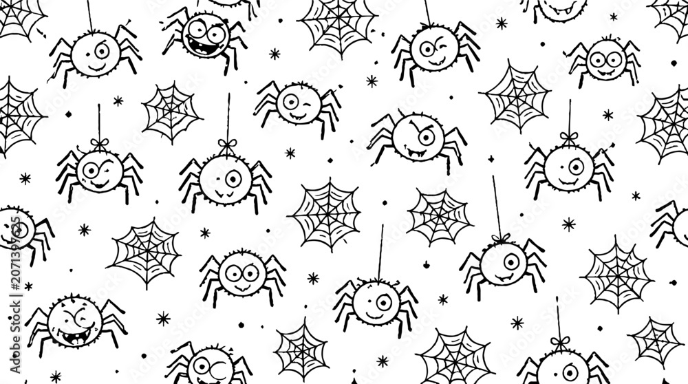 Fototapeta premium Cute Cartoon Spiders and Webs Pattern Design.
