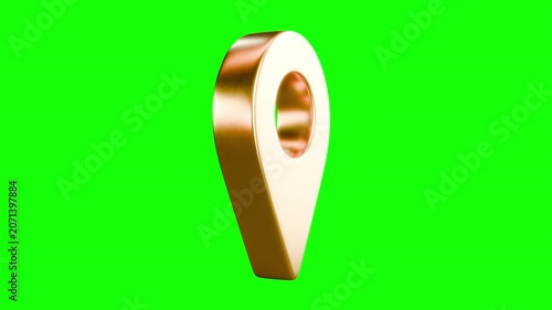 Gold location pin icon rotating seamless loop isolated on green screen and alpha channel