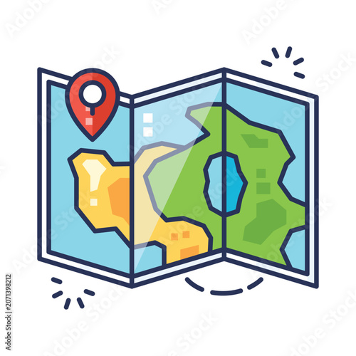 Map Pointer Navigation Location Marker Travel Guide Folded Paper Route Trip Adventure Tourism Vector Illustration