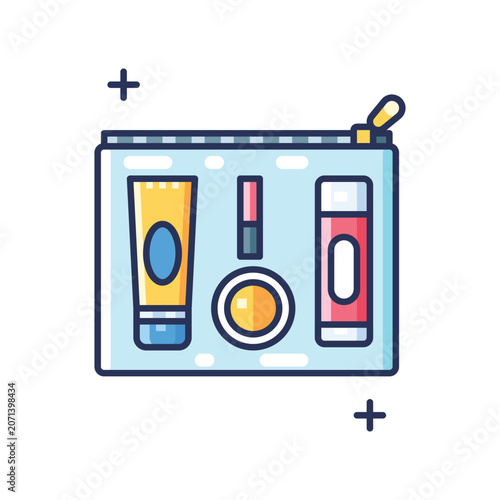 Travel Cosmetic Pouch with makeup essentials and toiletries for personal grooming and hygiene Vector Illustration