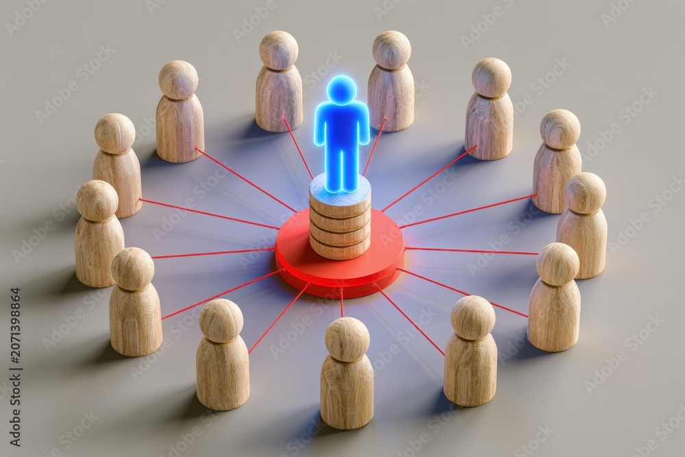 Obraz premium glowing blue wooden human figure standing on pedestal connected to surrounding wooden people