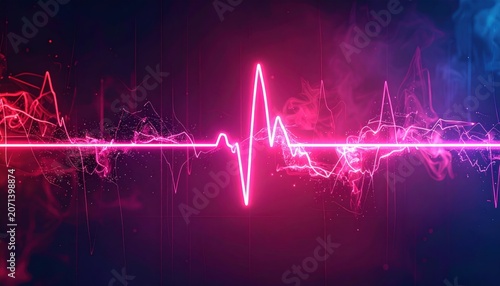 Vibrant Neon Heartbeat Line Against a Dark, Smoky Background.
