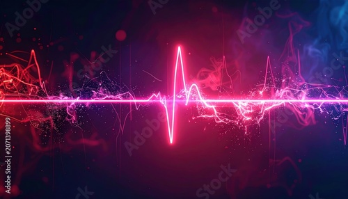Vibrant Neon Heartbeat Line on Dark Abstract Background.