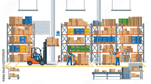 Warehouse worker operating a forklift to move cardboard boxes in storage