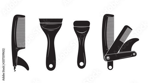Set of professional makeup brushes with black and silver handles isolated on white background.