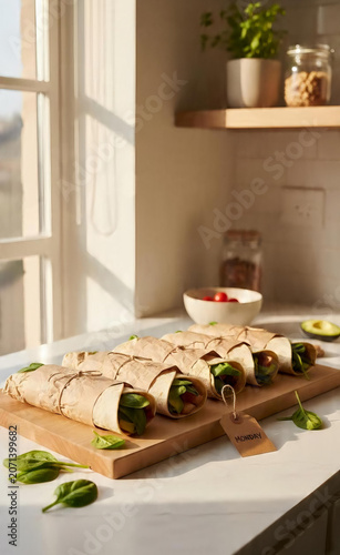 Freshly prepared healthy wraps on a wooden board with spinach and avocado on a kitchen counter, ready to be served for a delicious meal