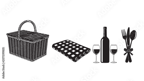 Elegant picnic basket with wine glasses and gourmet accessories on white background.