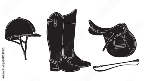 Black leather riding boots helmet gloves and crop on white background.