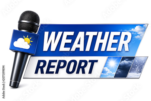 Breaking news live on screen with microphone and logo for weather report