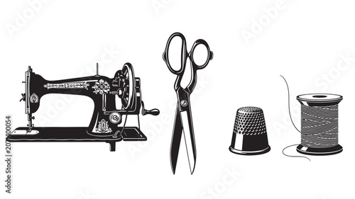Vintage sewing machine with scissors, thread, and thimble on white background.