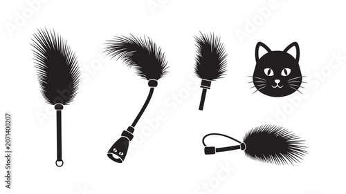 Black and white illustration of cat whiskers and paw prints set.