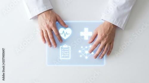Futuristic digital healthcare interface with doctor hands, medical technology icons on glowing virtual screen, innovative telemedicine concept