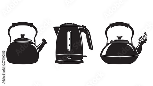 Three black and silver electric kettles with wooden handles on white background.