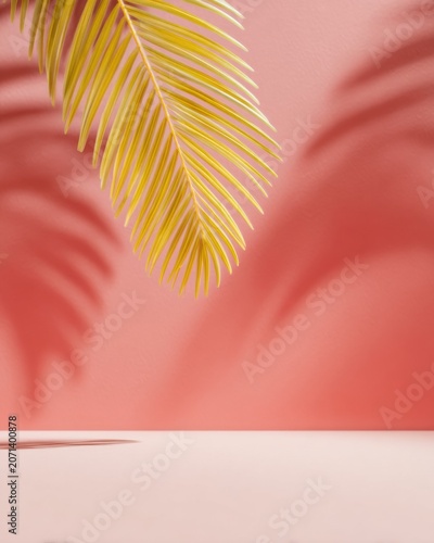 Soft Tropical Palm Leaf Casting Shadows on a Coral Pink Stucco Wall Background with Empty Floor Space for Cosmetic Beauty Product Display and Mockup Template