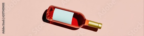 Rose Wine Bottle with Blank Label Lying Diagonally on Pink Background with Copy Space, Product Mockup for Alcohol Alcohol-Free Drink Branding and Summer Beverage Ads