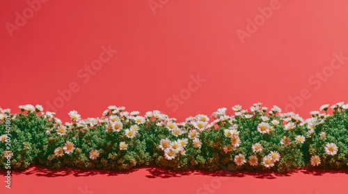 White Daisy Wildflowers Bloom in a Natural Meadow Border Along a Vibrant Red Background Featuring Large Copy Space for Organic Product Packaging and Greeting Cards