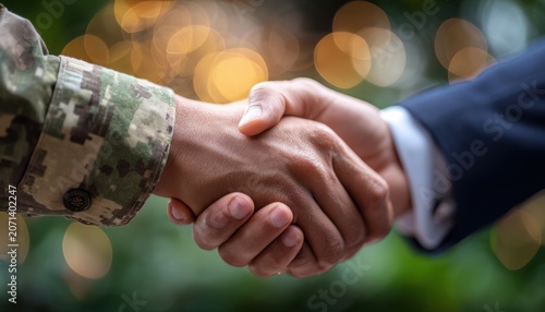 Handshake between soldier and businessperson outdoors
