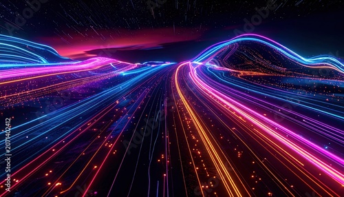 Vibrant Neon Lights Highway Motion Blur.
