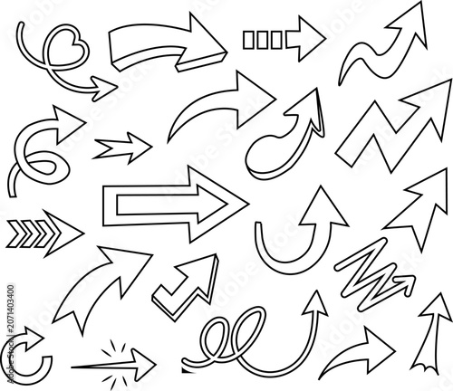 Collection of various hand drawn arrows on white background