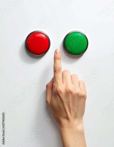Primer plano mano con dedo índice estirado a punto de tocar un botón rojo o verde. Concepto de elección minimalista