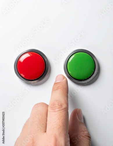 Primer plano mano con dedo índice estirado a punto de tocar un botón rojo o verde. Concepto de elección minimalista