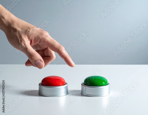 Primer plano mano con dedo índice estirado a punto de tocar un botón rojo o verde. Concepto de elección minimalista