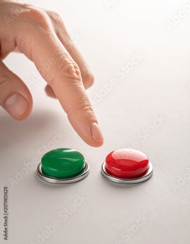 Primer plano mano con dedo índice estirado a punto de tocar un botón rojo o verde. Concepto de elección minimalista