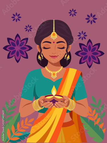 Indian woman celebrating diwali holding a burning diya