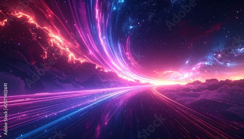 Vibrant Neon Lights Illuminating Dark Highway.