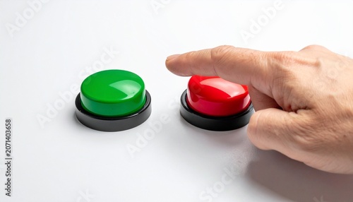 Primer plano mano con dedo índice estirado a punto de tocar un botón rojo o verde. Concepto de elección minimalista