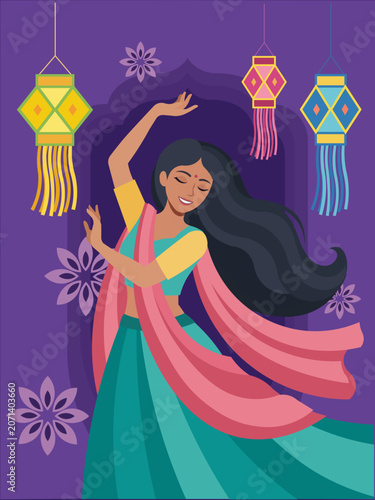 Indian woman dancing celebrating diwali festival with lanterns