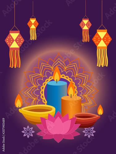 Diwali festival celebrating with diya candles and lanterns