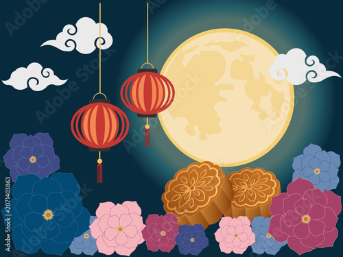 Mid-autumn festival celebrating with full moon and mooncakes